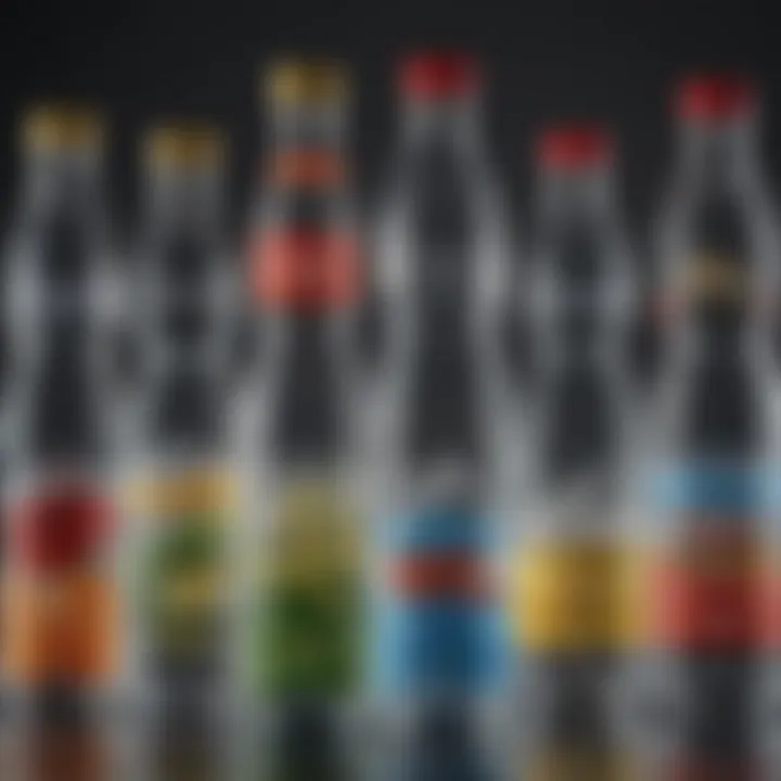 Different types of bottled water with labels showcasing their unique qualities