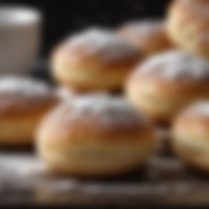 A baker expertly dusting powdered sugar over freshly made paczki