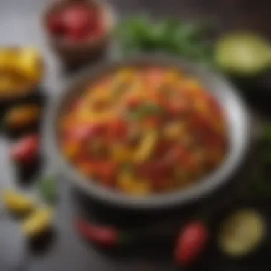 Gourmet Presentation with Pickled Peppers Gourmet dish featuring pickled Peruvian peppers as a garnish