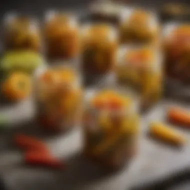 Elegantly Pickled Peruvian Peppers in Jars Artfully arranged pickled Peruvian peppers in jars