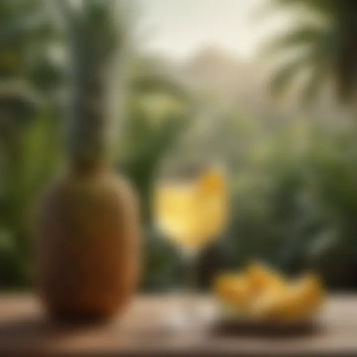 A beautifully presented glass of pineapple wine against a tropical backdrop