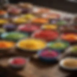 A vibrant array of rainbow dishes displayed on a rustic wooden table