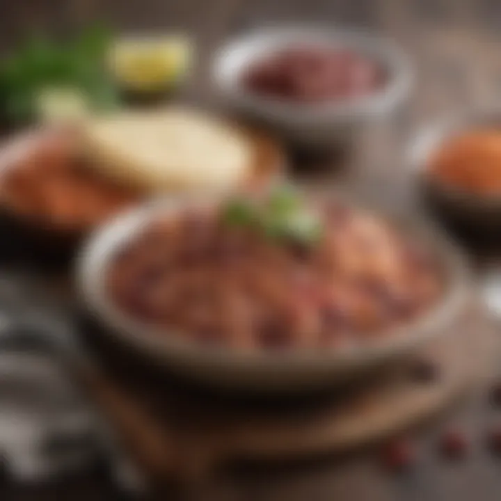 A diverse spread of vegetarian variants of red beans and rice on a dining table.