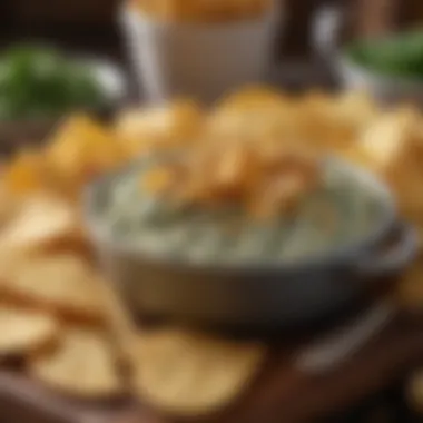 Close-up of gourmet spinach artichoke dip with crispy chips