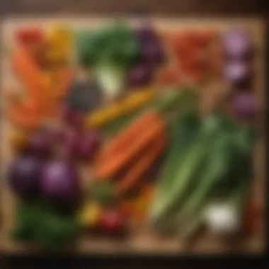 Vibrant Vegetable Array from Sous Vide An array of colorful sous vide vegetables arranged aesthetically on a wooden board
