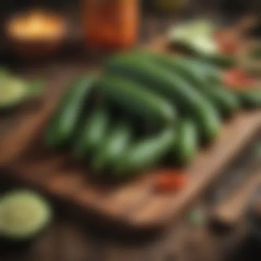 A vibrant display of spicy cucumbers resting on a rustic wooden table