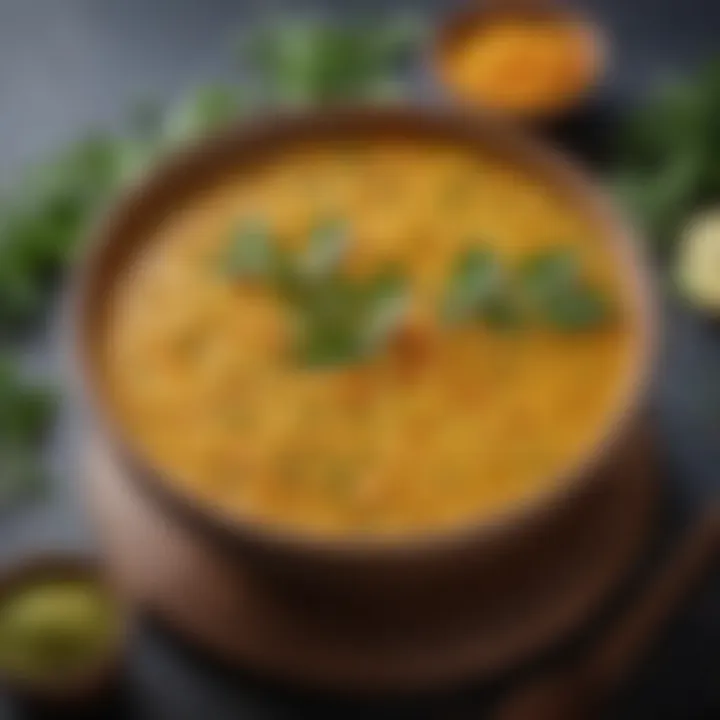 A vibrant bowl of split moong daal garnished with fresh herbs