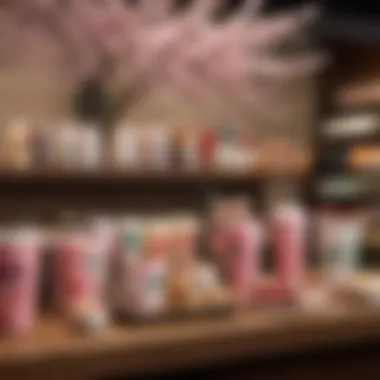 A vibrant display of Sakura-themed merchandise and drinks in a Starbucks store