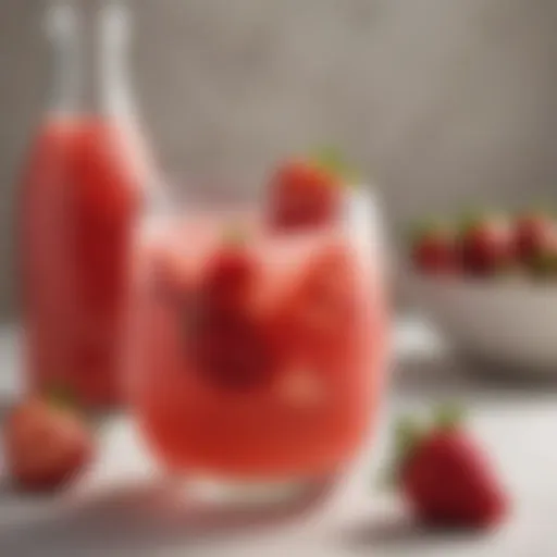 A vibrant glass of strawberry agua fresca garnished with fresh strawberries