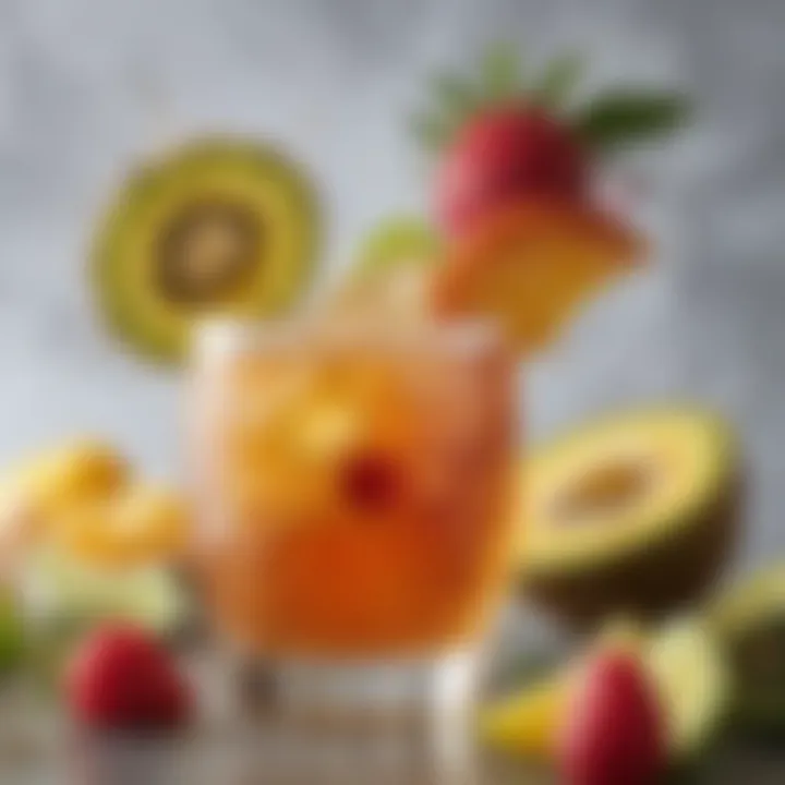 A close-up of a unique beer cocktail with a splash of exotic fruit