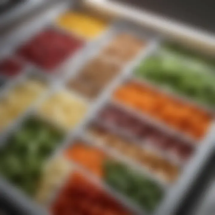 Close-up of fresh ingredients stored in a divided freezer bin for easy access.