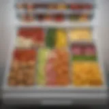 A spacious divided freezer bin showcasing various food items organized neatly.