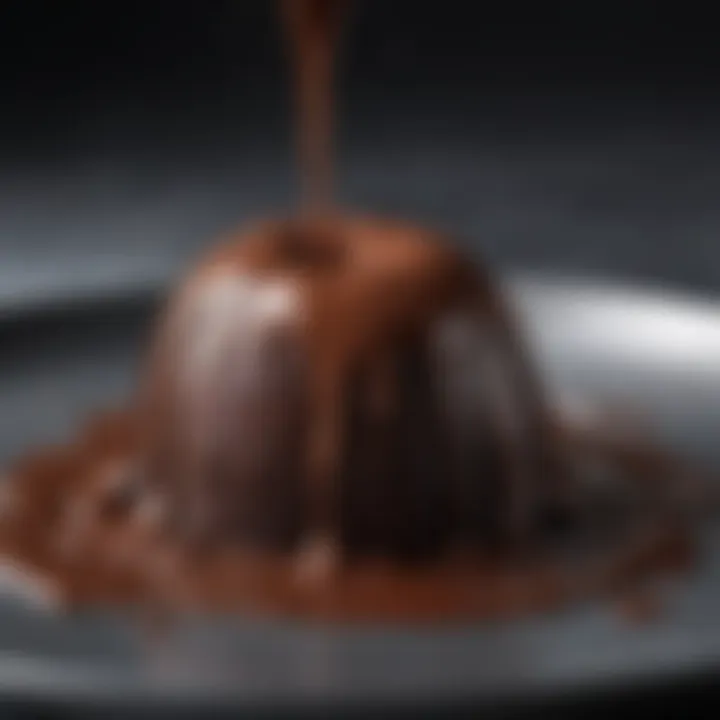 Close-up of melted chocolate pouring into a dome mold