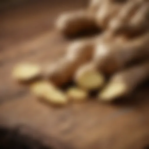 Fresh ginger root on a wooden surface