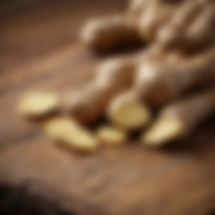 Fresh ginger root on a wooden surface