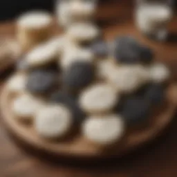 Assorted black and white cookies displayed elegantly on a wooden platter