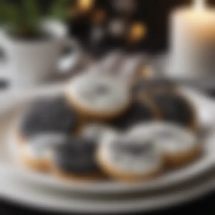 Artistic shot of black and white cookies on a festive table setting