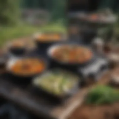 Portable Cooking Setup in Nature A scenic campsite with a portable stove and fresh ingredients laid out
