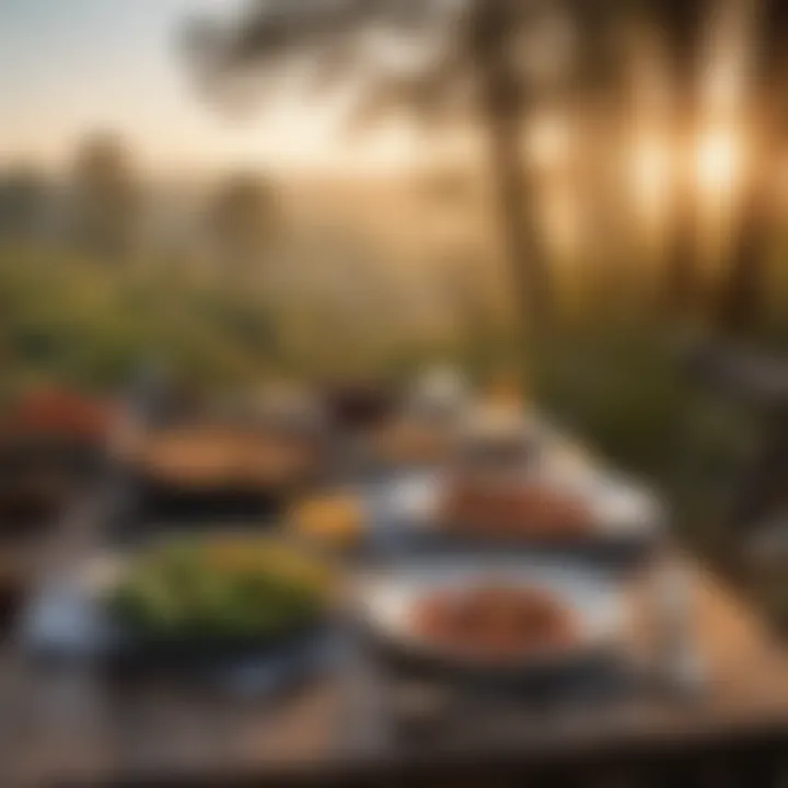 A hearty meal served in nature with a backdrop of trees and a sunset