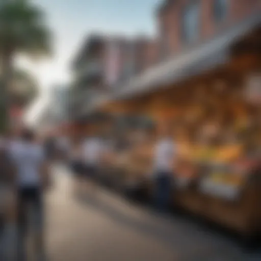 A vibrant street scene showcasing the bustling atmosphere of a New Orleans food market.