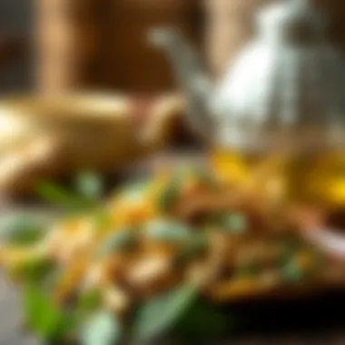 Ginger Tea Leaves in a Rustic Setting A close-up of ginger tea leaves and a teapot on a wooden surface