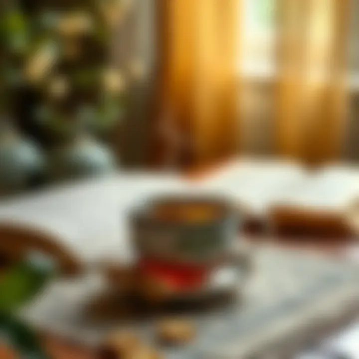 Serene Moment with Ginger Tea and Literature A serene setting with a steaming cup of ginger tea and a book