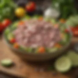 Colorful array of fresh vegetables and herbs for tuna salad