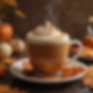 A steaming cup of pumpkin spice coffee with autumn leaves in the background