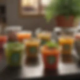 A vibrant assortment of herbal teas in colorful cups