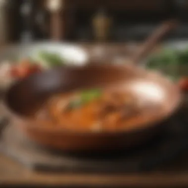 A Culinary Delight in Copper A close-up of a copper frying pan with a delectable dish inside