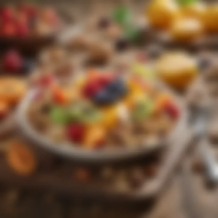 A colorful array of fresh fruits and nuts on a rustic table