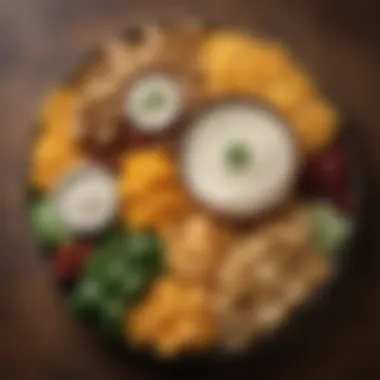 Platter of Culinary Joy A stylish platter featuring cheddar ranch dip with assorted snacks