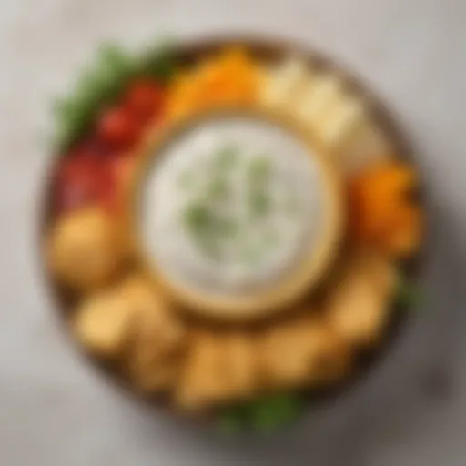A vibrant bowl of cheddar ranch dip garnished with fresh herbs