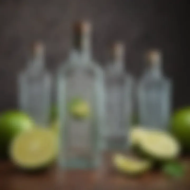 An artistic arrangement of gin bottles and fresh limes