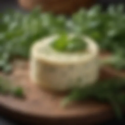 A close-up view of sprout cheese surrounded by fresh herbs