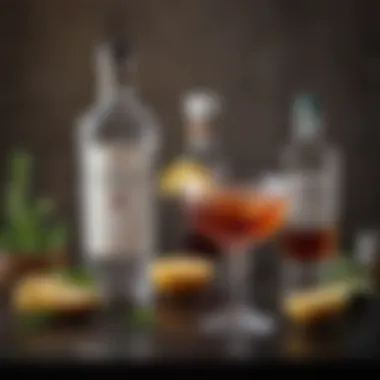 An array of premium gin bottles and vermouth beside a cocktail shaker