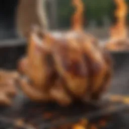A beautifully grilled beer can chicken resting on a barbecue grill, showcasing a crispy skin and juicy texture.