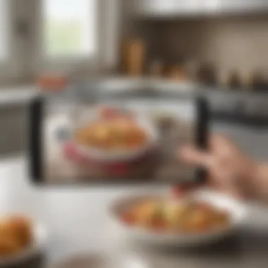 Convenient Meal Selection via App A modern kitchen showcasing a user-friendly meal delivery app on a smartphone
