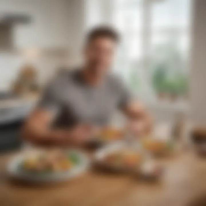A satisfied customer enjoying a meal at home with a delivery box nearby