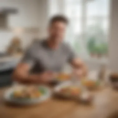 Enjoying Delivered Pre-Cooked Meals A satisfied customer enjoying a meal at home with a delivery box nearby