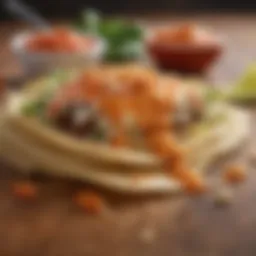 A rich, velvety cheese taco sauce drizzled over a vibrant taco