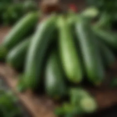 A close-up of fresh cucumbers surrounded by herbs and spices ready for pickling.