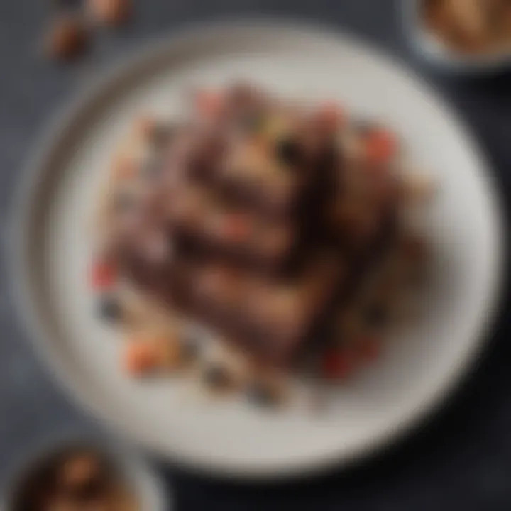 A beautifully styled dessert plate featuring black bean brownies with fruit and nuts garnishing