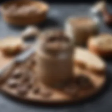 A jar of homemade mushroom pâté with a spreader on a kitchen countertop