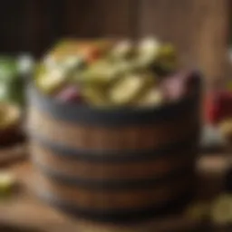 A vintage barrel filled with assorted pickles showcasing different colors and textures.