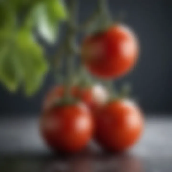 A close-up view of cherry tomatoes on the vine, illustrating their glossy texture.