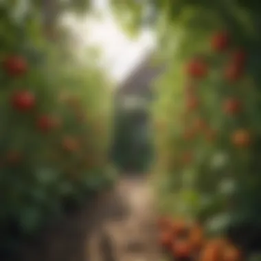 A picturesque garden setting featuring diverse tomato plants flourishing under sunlight.