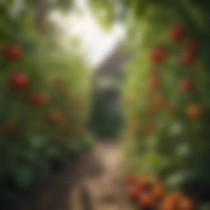 A picturesque garden setting featuring diverse tomato plants flourishing under sunlight.