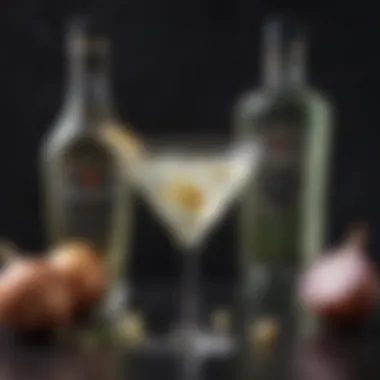 A classic gin martini garnished with pearl onions, highlighting the unique twist on a traditional cocktail.