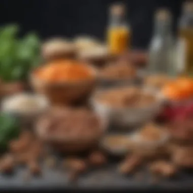 Essential Ingredients for Low-Carb Delights An assortment of key ingredients for gluten-free keto cooking, including nuts, seeds, and fresh vegetables